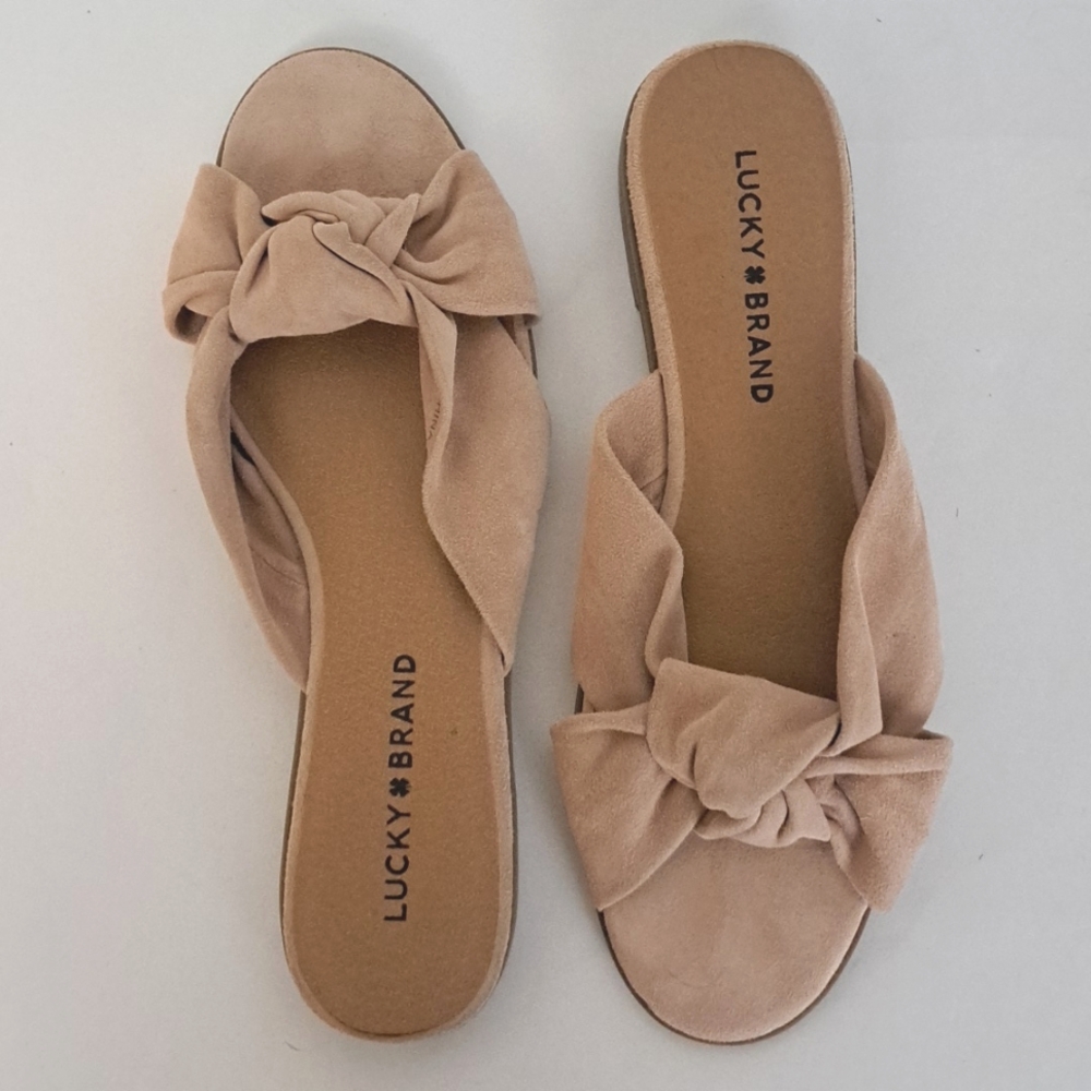 Lucky Brand Genrid pale pink suede knot slip on flat open toe sandals sz8
